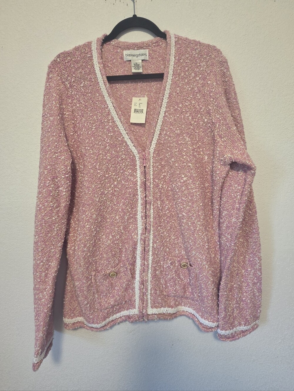 Bloomingdale's Pink Open-Front Zip Up Cardigan with White Trim Womens Size XL